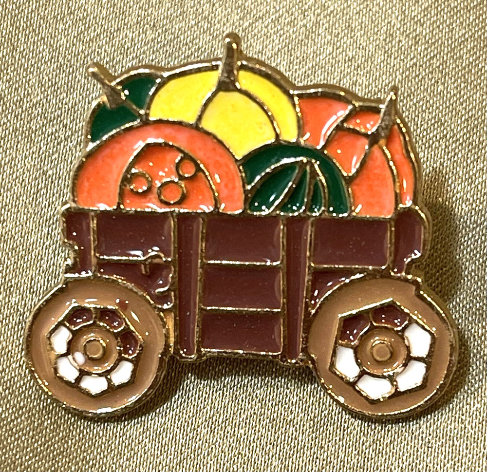NWOT Brown Harvest Wagon Lapel Pin Brooch Enamel Farm Fall Season Pumpkin Squash